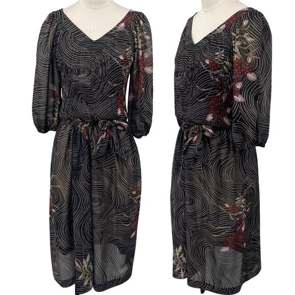 Vintage 70s Belted Abstract Floral Swirl Print Dress V Neck Blouson Black Red XS - Picture 1 of 10